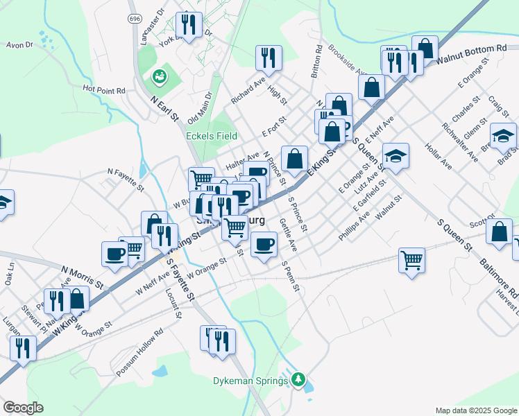 map of restaurants, bars, coffee shops, grocery stores, and more near 123 East King Street in Shippensburg