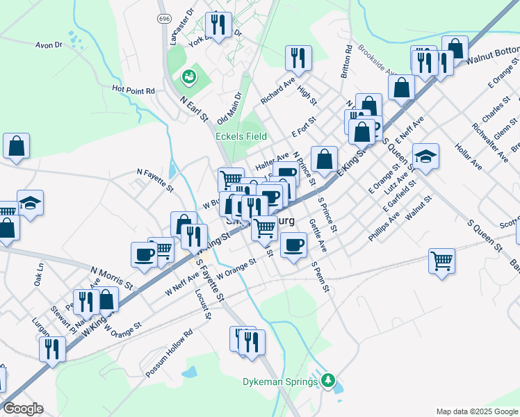 map of restaurants, bars, coffee shops, grocery stores, and more near 31 East King Street in Shippensburg