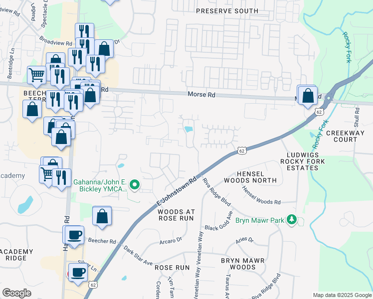 map of restaurants, bars, coffee shops, grocery stores, and more near 1286 Abbington Place in Gahanna