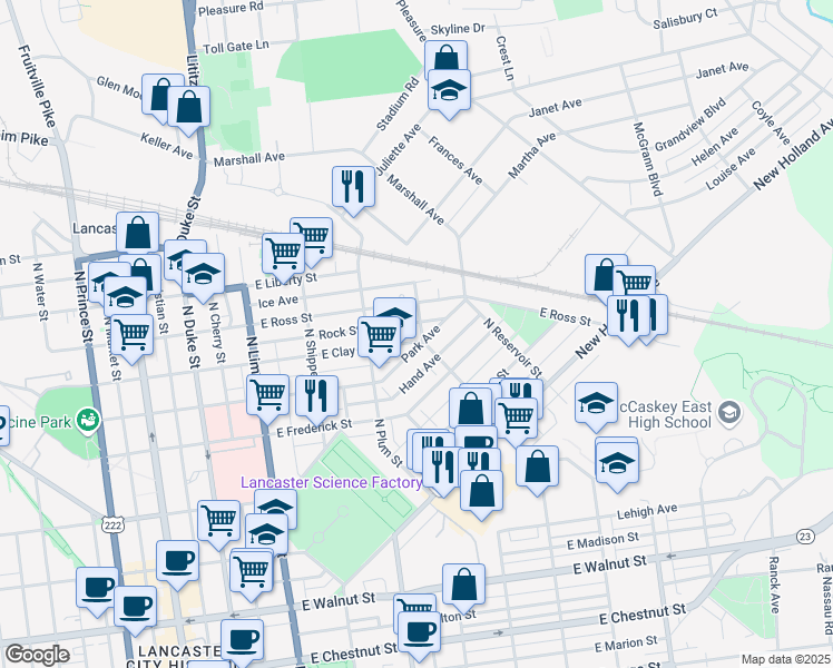 map of restaurants, bars, coffee shops, grocery stores, and more near 802 North Ann Street in Lancaster