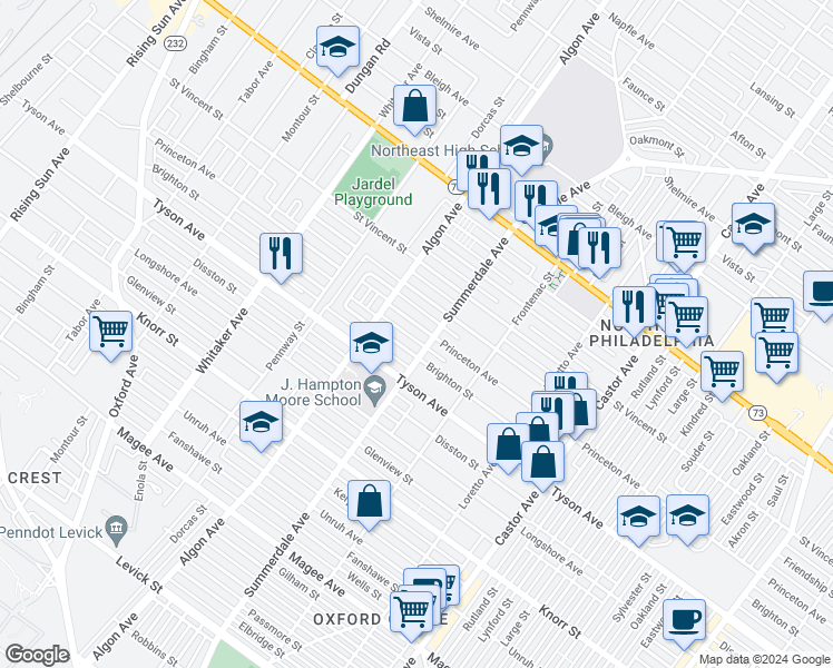 map of restaurants, bars, coffee shops, grocery stores, and more near 1132 Princeton Avenue in Philadelphia