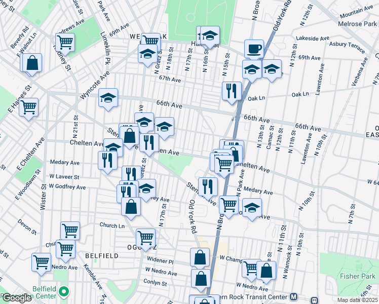 map of restaurants, bars, coffee shops, grocery stores, and more near 1605 West Chelten Avenue in Philadelphia
