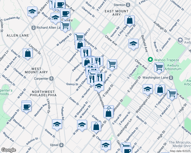 map of restaurants, bars, coffee shops, grocery stores, and more near 11 East Hortter Street in Philadelphia