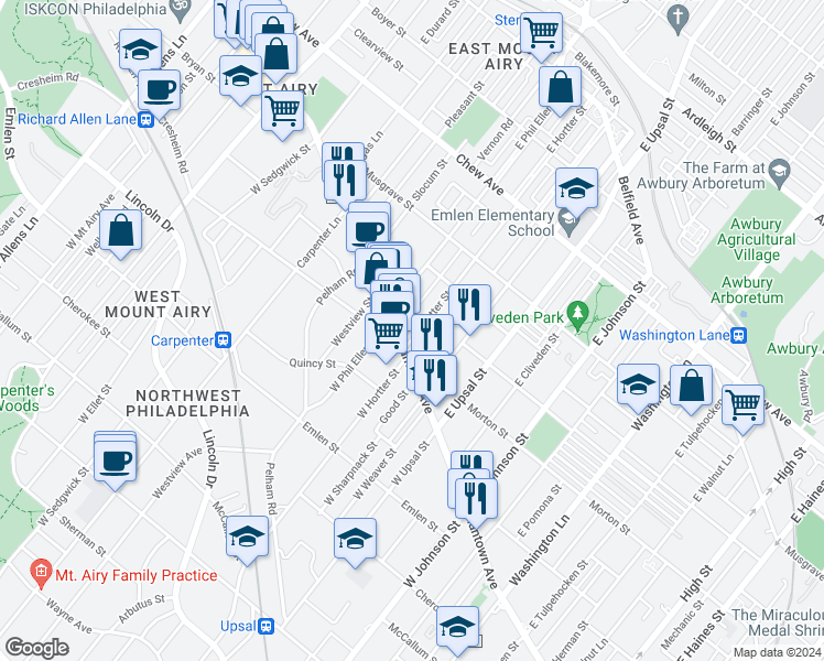 map of restaurants, bars, coffee shops, grocery stores, and more near 11 East Hortter Street in Philadelphia