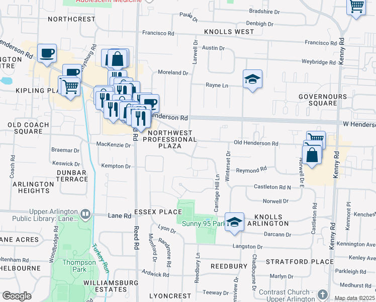 map of restaurants, bars, coffee shops, grocery stores, and more near 1584 Longeaton Drive in Columbus