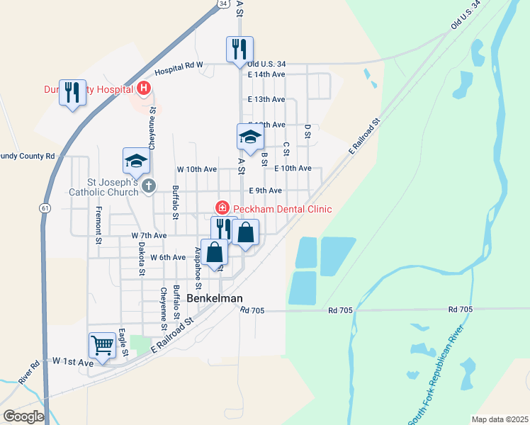 map of restaurants, bars, coffee shops, grocery stores, and more near 801 B Street in Benkelman