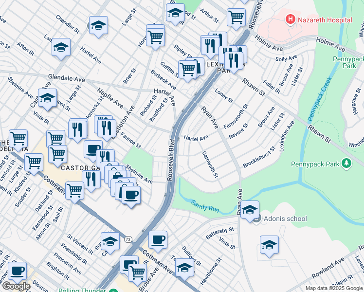 map of restaurants, bars, coffee shops, grocery stores, and more near in Philadelphia