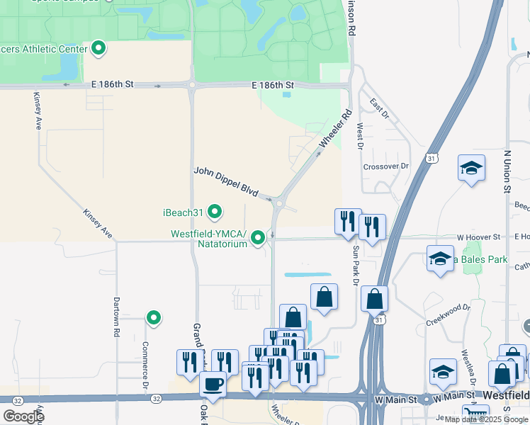 map of restaurants, bars, coffee shops, grocery stores, and more near 18170 Grand Park Boulevard in Westfield