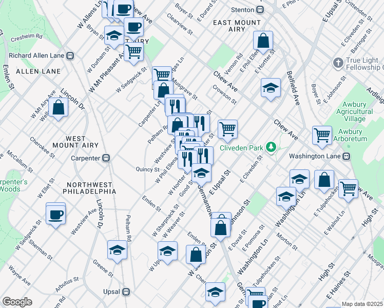 map of restaurants, bars, coffee shops, grocery stores, and more near 6655 Germantown Avenue in Philadelphia