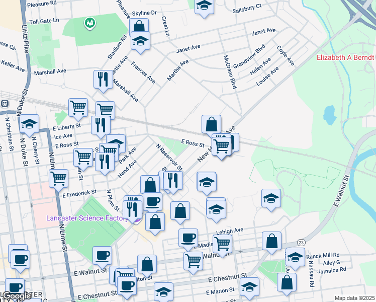 map of restaurants, bars, coffee shops, grocery stores, and more near 744 Hamilton Street in Lancaster