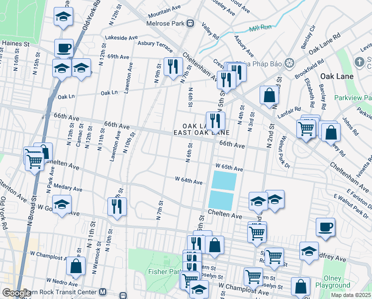 map of restaurants, bars, coffee shops, grocery stores, and more near 6520 North 6th Street in Philadelphia