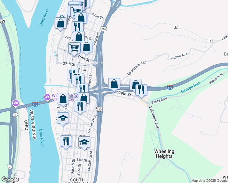 map of restaurants, bars, coffee shops, grocery stores, and more near 101 29th Street in Wheeling