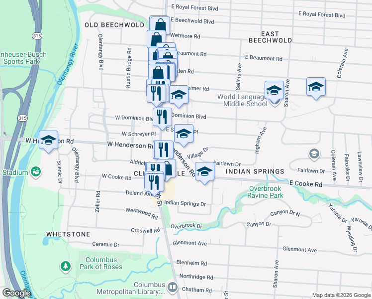 map of restaurants, bars, coffee shops, grocery stores, and more near 50 East Henderson Road in Columbus