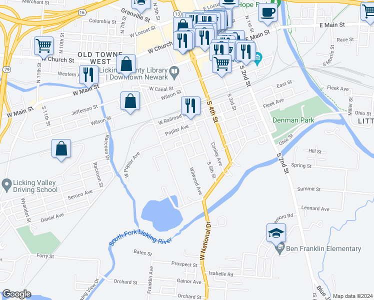 map of restaurants, bars, coffee shops, grocery stores, and more near 50 Wilwood Avenue in Newark