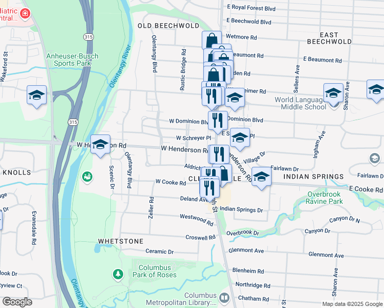 map of restaurants, bars, coffee shops, grocery stores, and more near 67 West Henderson Road in Columbus