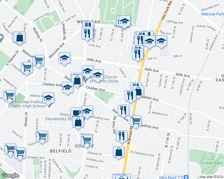 map of restaurants, bars, coffee shops, grocery stores, and more near 1609 West Chelten Avenue in Philadelphia