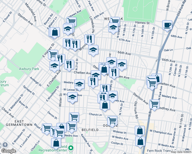 map of restaurants, bars, coffee shops, grocery stores, and more near 6342 North Opal Street in Philadelphia