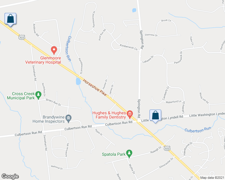 map of restaurants, bars, coffee shops, grocery stores, and more near 296 James Drive in Glenmoore