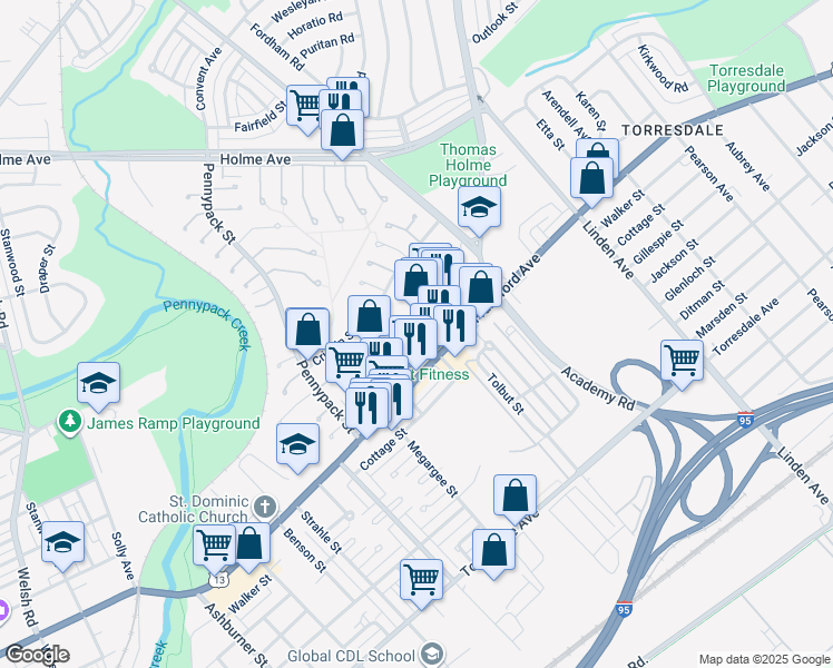 map of restaurants, bars, coffee shops, grocery stores, and more near 8914 Frankford Avenue in Philadelphia