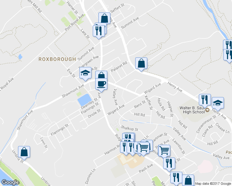 map of restaurants, bars, coffee shops, grocery stores, and more near 7539 Valley Avenue in Philadelphia