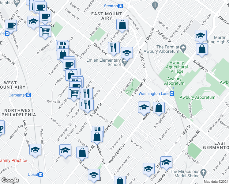 map of restaurants, bars, coffee shops, grocery stores, and more near 6482 Lensen Street in Philadelphia