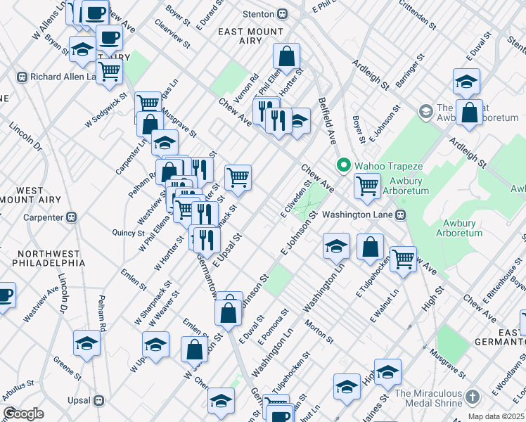 map of restaurants, bars, coffee shops, grocery stores, and more near 6489 Ross Street in Philadelphia