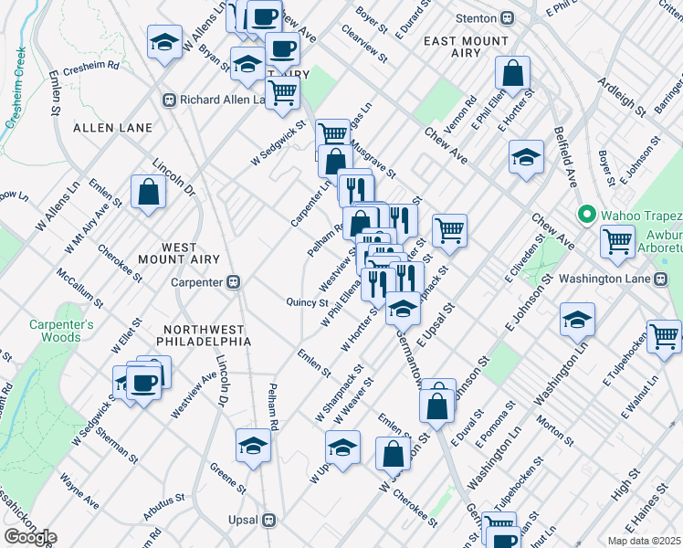 map of restaurants, bars, coffee shops, grocery stores, and more near 24 Westview Street in Philadelphia