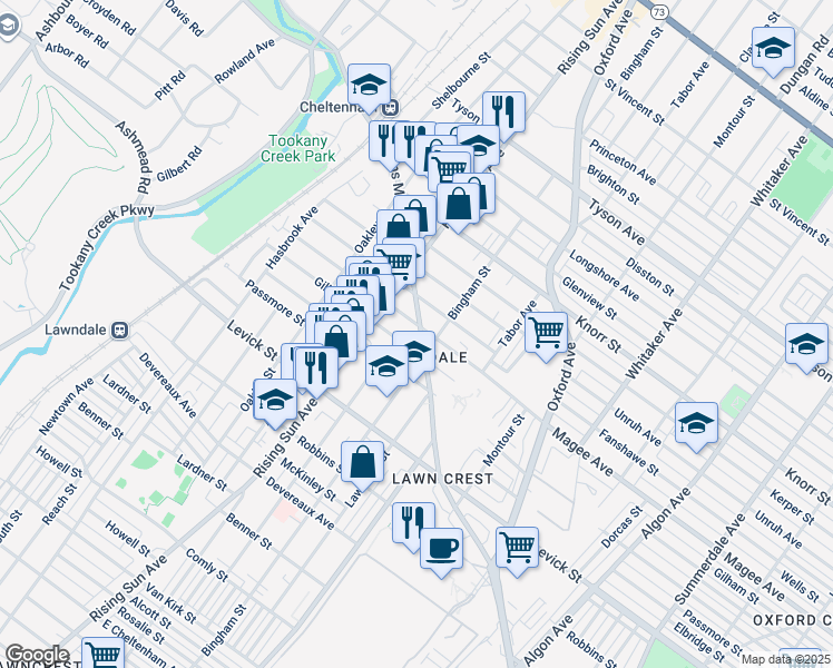 map of restaurants, bars, coffee shops, grocery stores, and more near 6550 Martins Mill Road in Philadelphia