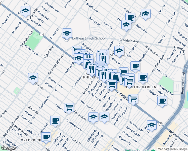 map of restaurants, bars, coffee shops, grocery stores, and more near 7301 Castor Avenue in Philadelphia