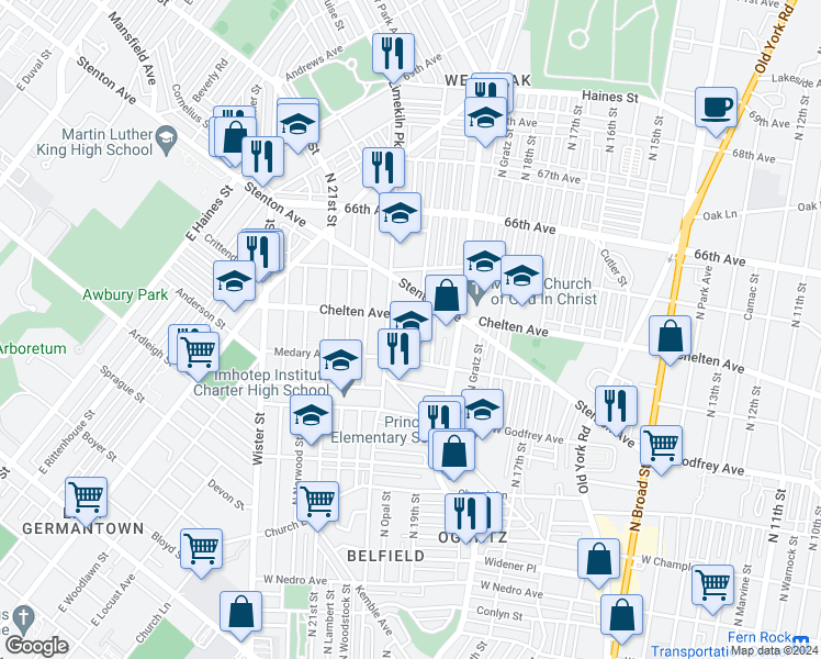 map of restaurants, bars, coffee shops, grocery stores, and more near 6342 North Opal Street in Philadelphia