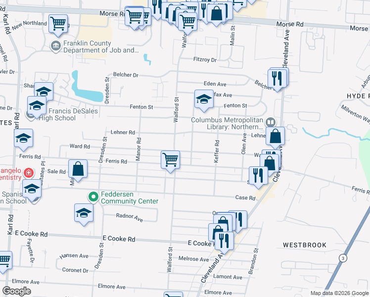 map of restaurants, bars, coffee shops, grocery stores, and more near 2044 Ward Road in Columbus