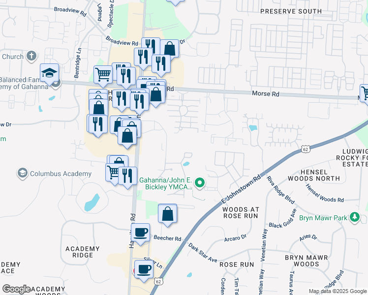 map of restaurants, bars, coffee shops, grocery stores, and more near 1223 Sanctuary Place in Gahanna