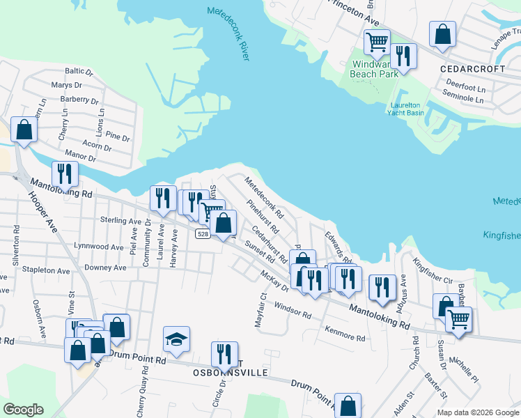 map of restaurants, bars, coffee shops, grocery stores, and more near 90 Metedeconk Road in Brick Township
