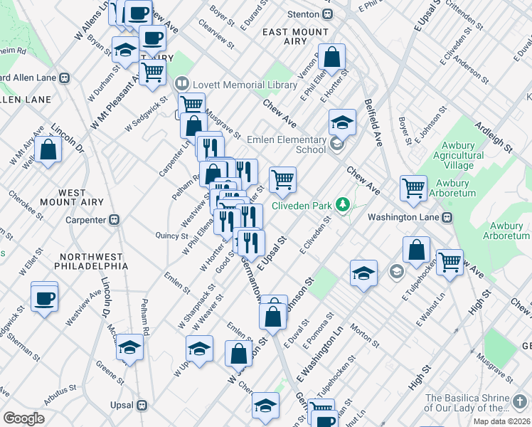 map of restaurants, bars, coffee shops, grocery stores, and more near 79 Montana Street in Philadelphia