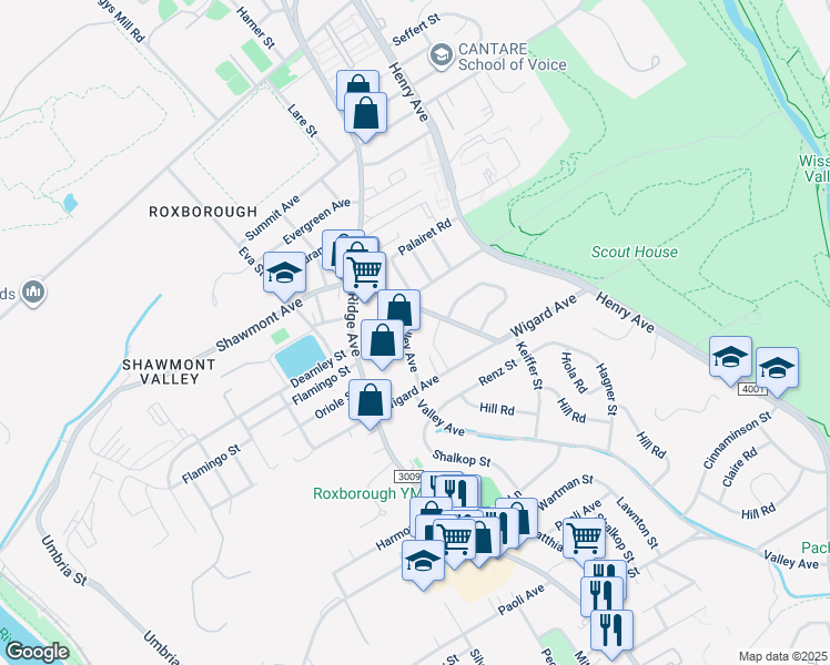 map of restaurants, bars, coffee shops, grocery stores, and more near 7539 Valley Avenue in Philadelphia