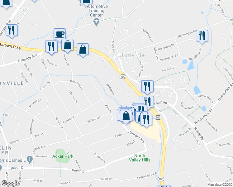 map of restaurants, bars, coffee shops, grocery stores, and more near 127 Heritage Lane in Exton