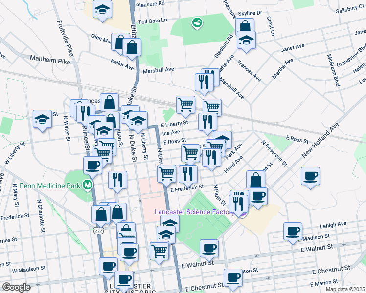 map of restaurants, bars, coffee shops, grocery stores, and more near 818 North Shippen Street in Lancaster