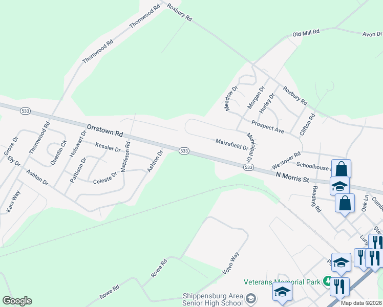 map of restaurants, bars, coffee shops, grocery stores, and more near 893 Orrstown Road in Shippensburg