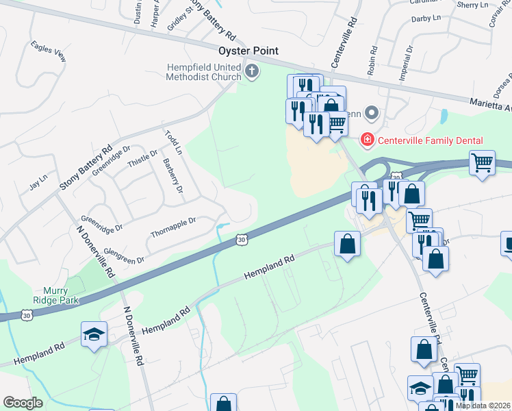 map of restaurants, bars, coffee shops, grocery stores, and more near 3028 Todd Lane in Lancaster