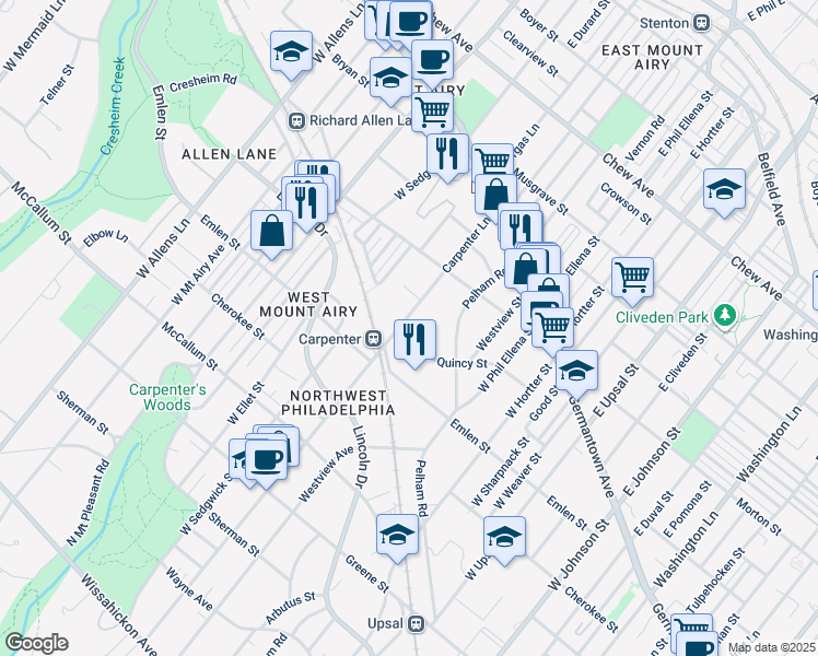 map of restaurants, bars, coffee shops, grocery stores, and more near 160 Carpenter Lane in Philadelphia