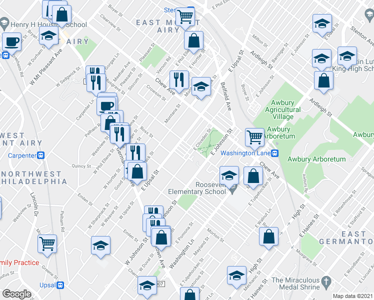 map of restaurants, bars, coffee shops, grocery stores, and more near 6465 Lensen Street in Philadelphia