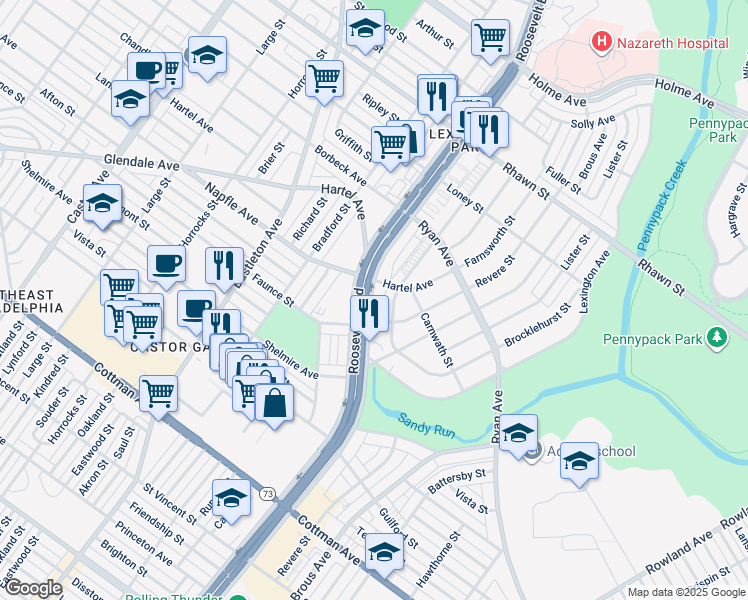 map of restaurants, bars, coffee shops, grocery stores, and more near East Roosevelt Boulevard in Philadelphia
