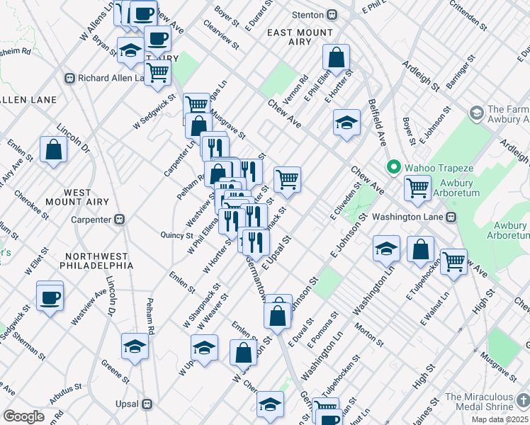 map of restaurants, bars, coffee shops, grocery stores, and more near East Montana Street in Philadelphia