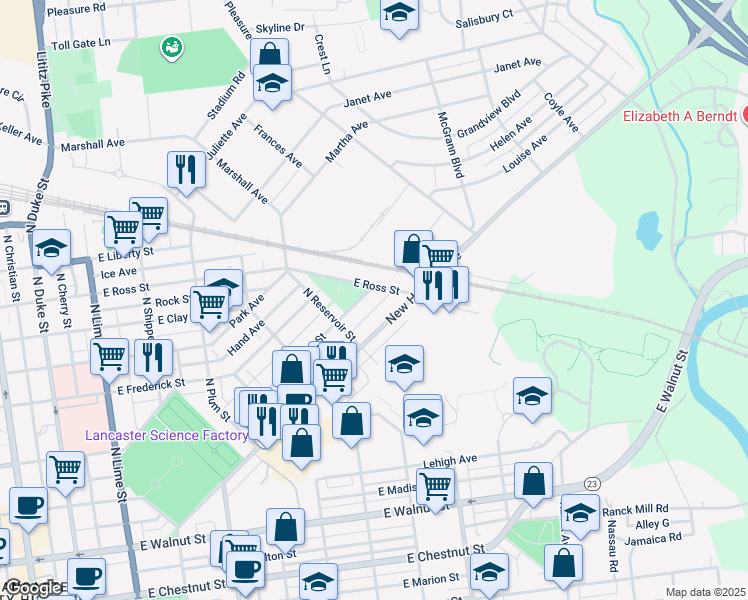 map of restaurants, bars, coffee shops, grocery stores, and more near 752 Hamilton Street in Lancaster