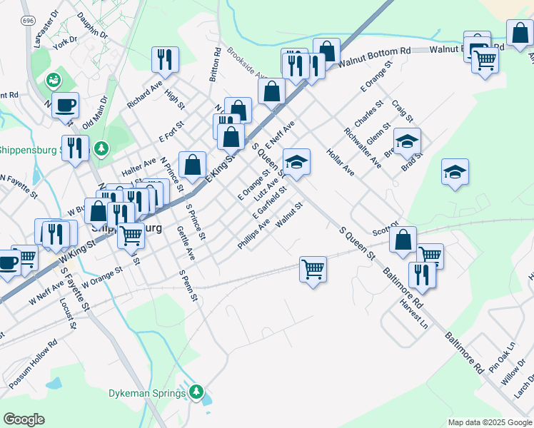map of restaurants, bars, coffee shops, grocery stores, and more near 310 East Garfield Street in Shippensburg