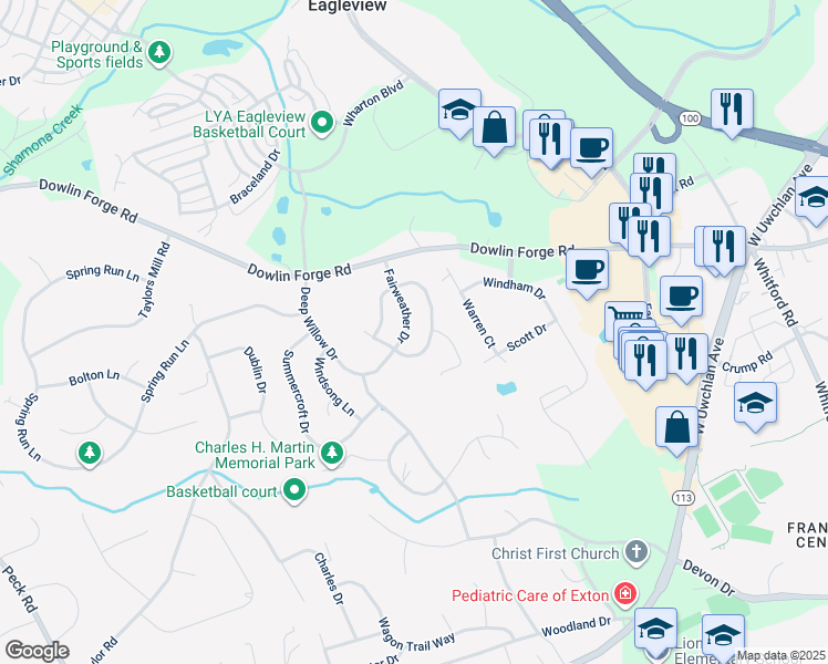 map of restaurants, bars, coffee shops, grocery stores, and more near 313 Fairweather Drive in Exton