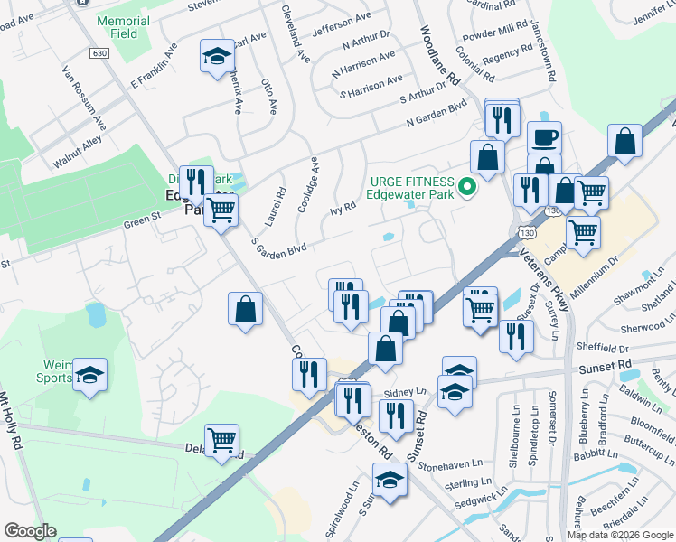 map of restaurants, bars, coffee shops, grocery stores, and more near 97 Benford Lane in Edgewater Park