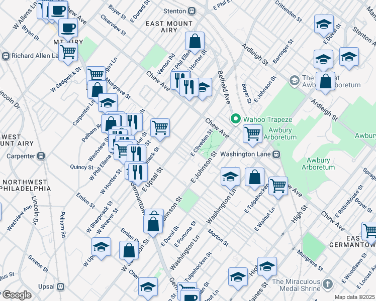map of restaurants, bars, coffee shops, grocery stores, and more near 6465 Lensen Street in Philadelphia