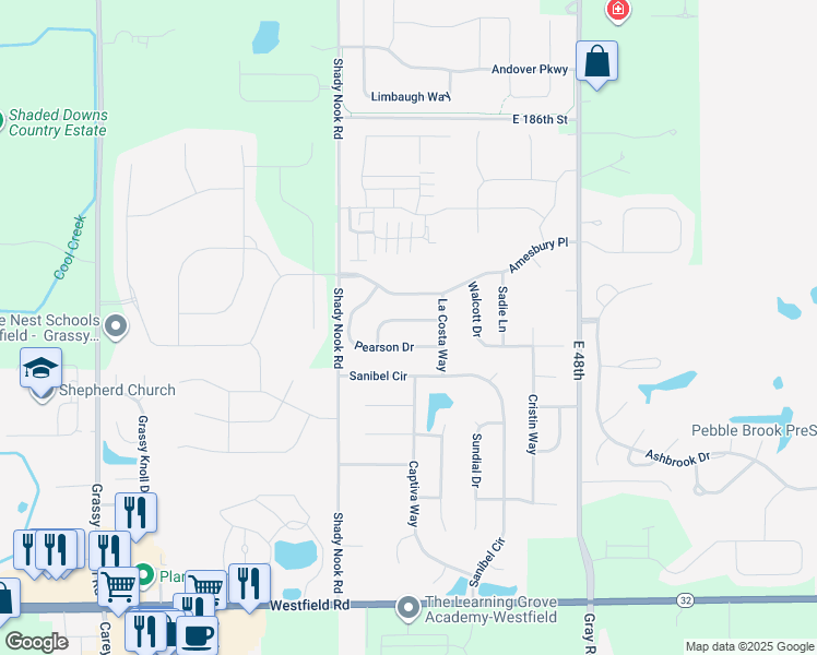 map of restaurants, bars, coffee shops, grocery stores, and more near 4249 Zachary Lane in Westfield