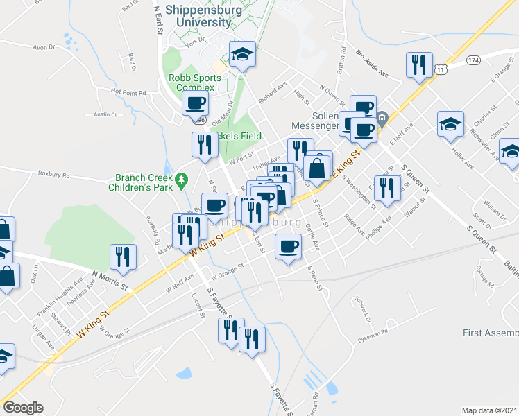 map of restaurants, bars, coffee shops, grocery stores, and more near 31 East King Street in Shippensburg
